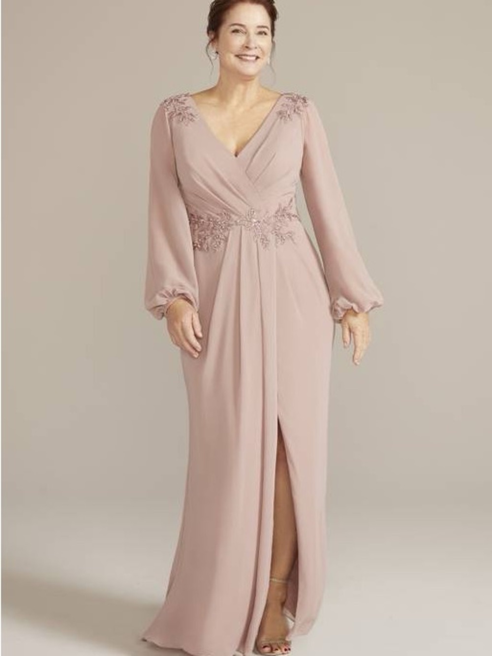 Oleg Cassini Dusty Rose Long Sleeve V-Neck Embroidered Gown